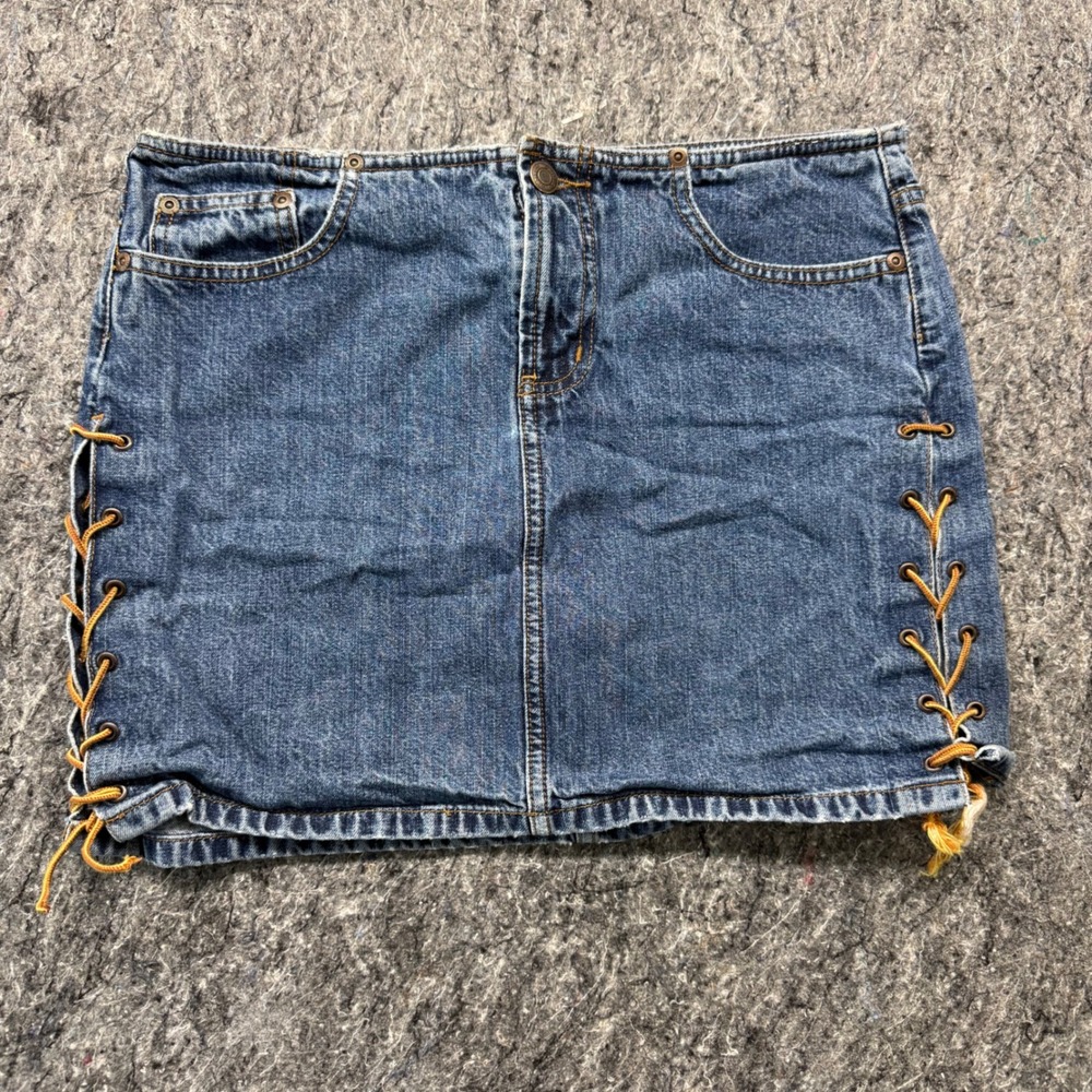 Vintage Mossimo Denim Mini Skirt Size 9 Blue Lace Up Sides Y2K Medium Wash Cotto